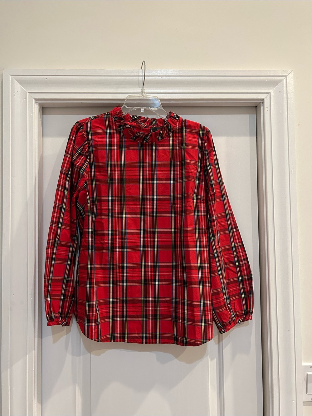 J. Crew Red Plaid Ruffle Neck Blouse
